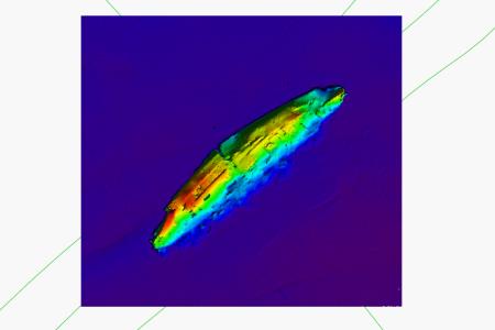 Acoustic image direct from the INFOMAR crew onboard the R.V. Celtic Voyager 6 hours after survey completion, 25x25cm resolution, highlighting the lines of the vessel which lies on her starboard side, bow pointing top right (NE).